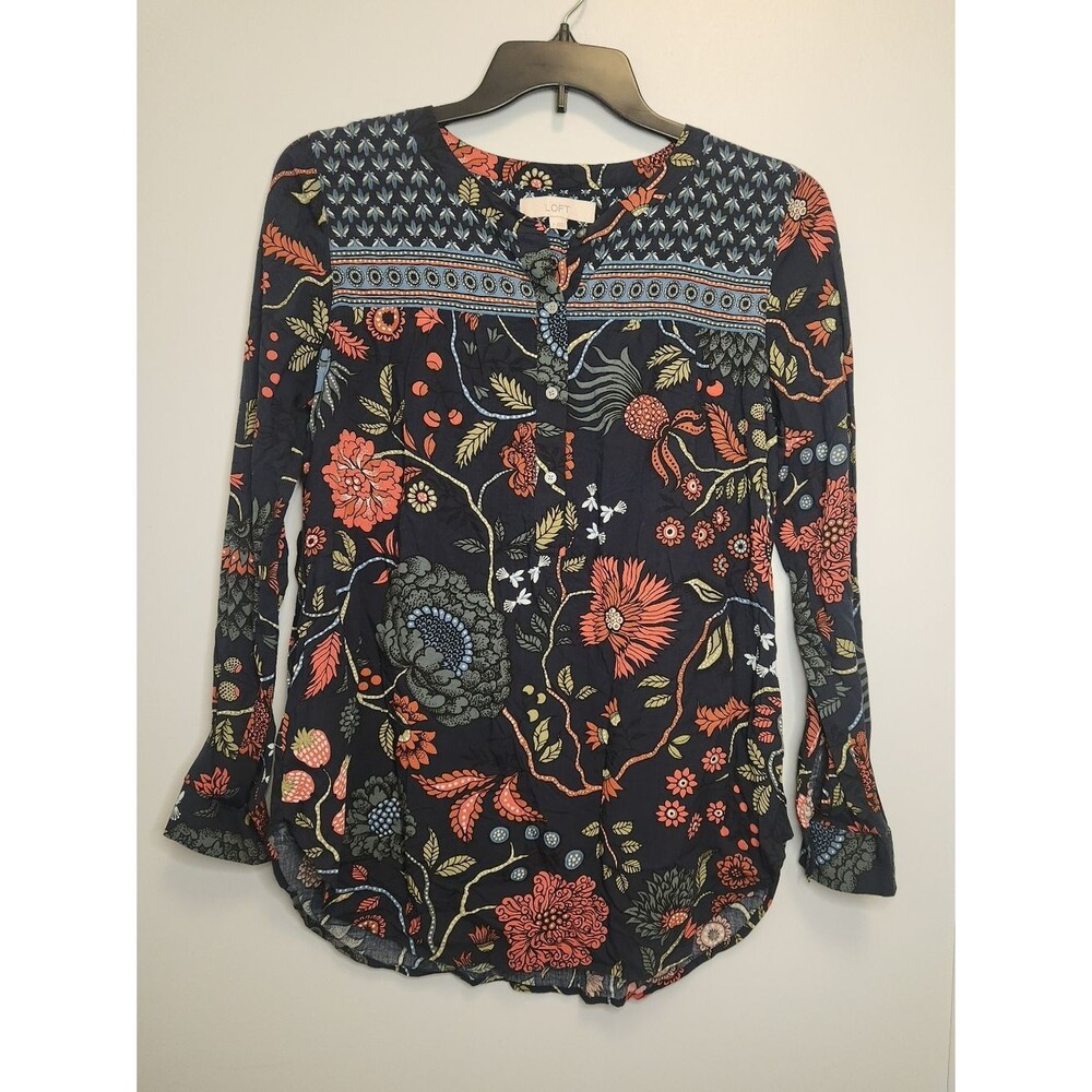 LOFT Navy Floral Henley Blouse Size Small